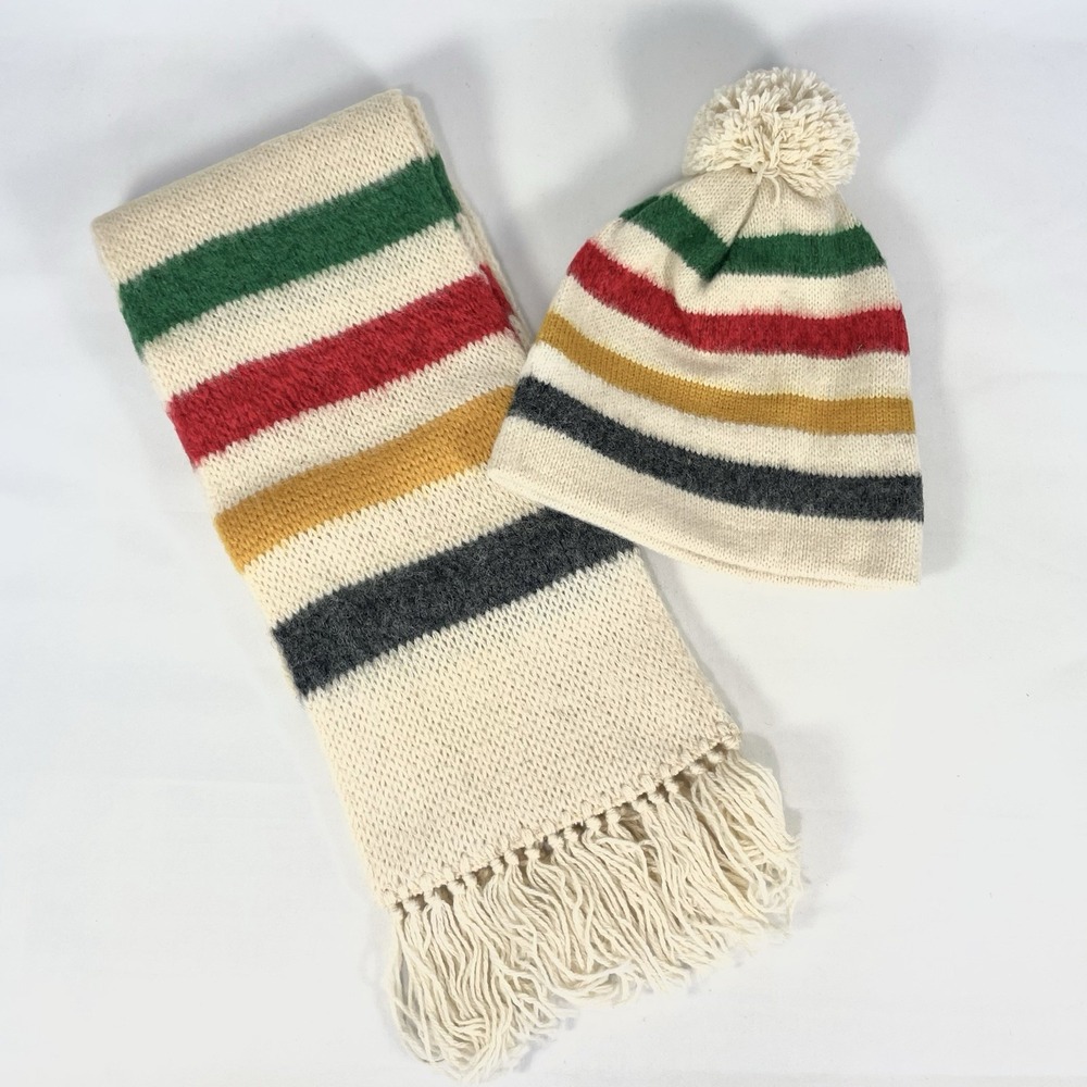 Vintage Lands' End Northwoods Wool Scarf Beanie Set Striped USA Made
